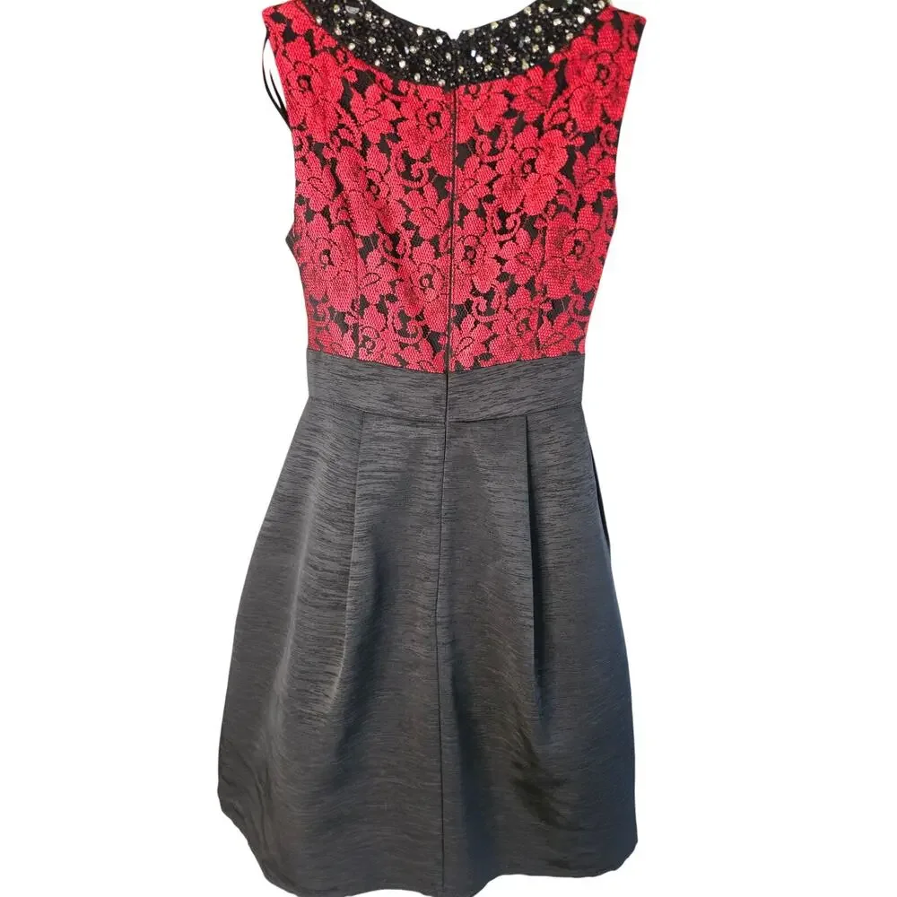 Eliza J Sz 4P Red/Blk Floral Dress Beaded Collar Lace Fit and Flare - Picture 13 of 13